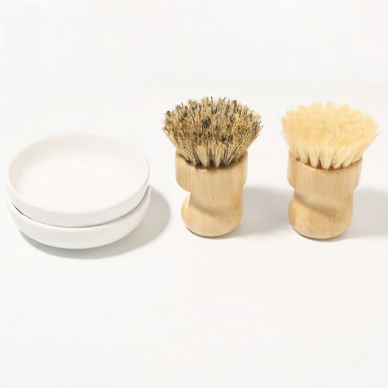Bamboo Pot Brush with Ceramic Dish Set